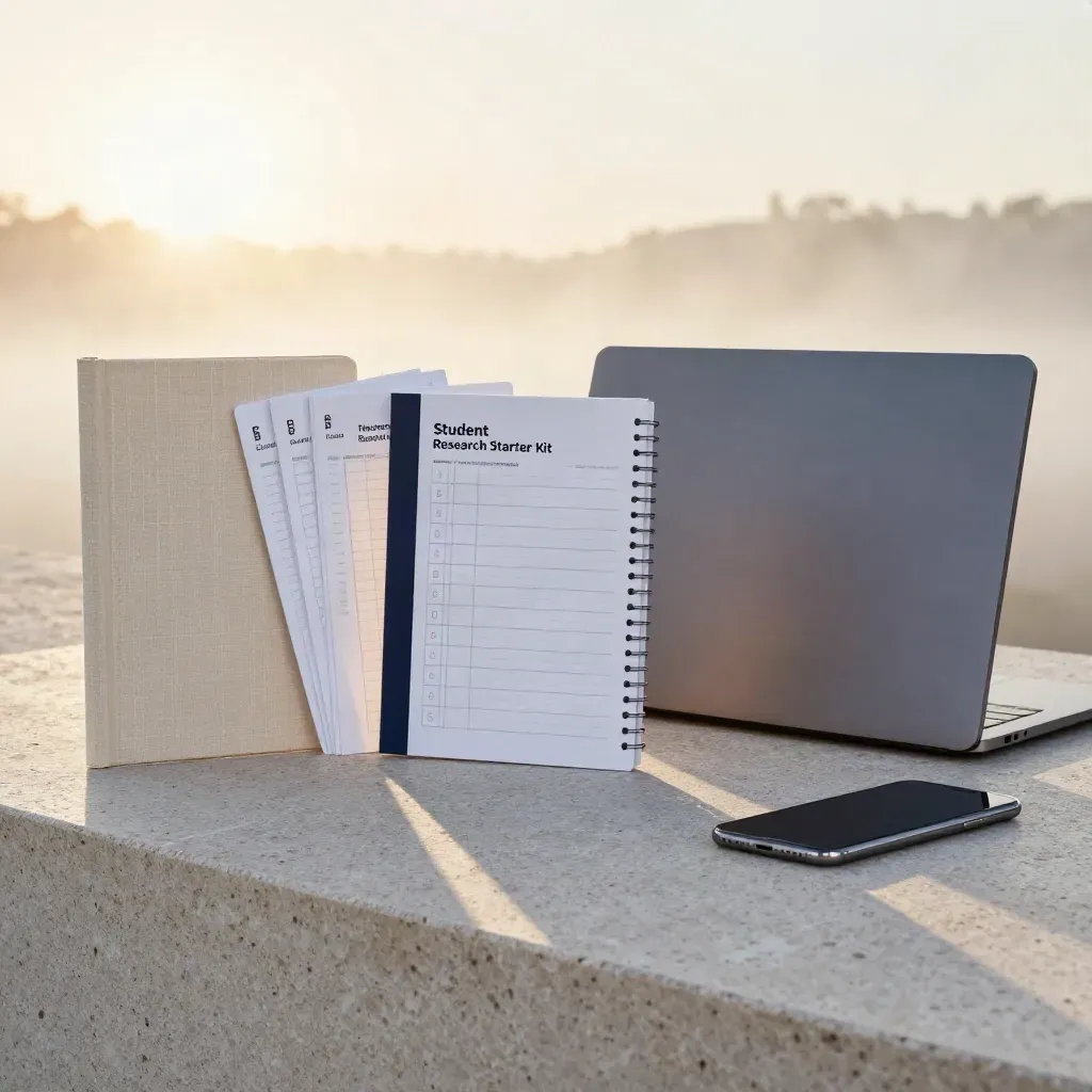 Student research kit with booklet, cards, laptop and phone on pale stone in sunrise mist