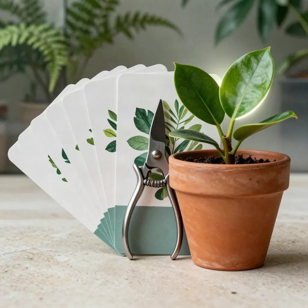 Plant care cards with terracotta pot, snips, and leaf cuttings on pale stone.
