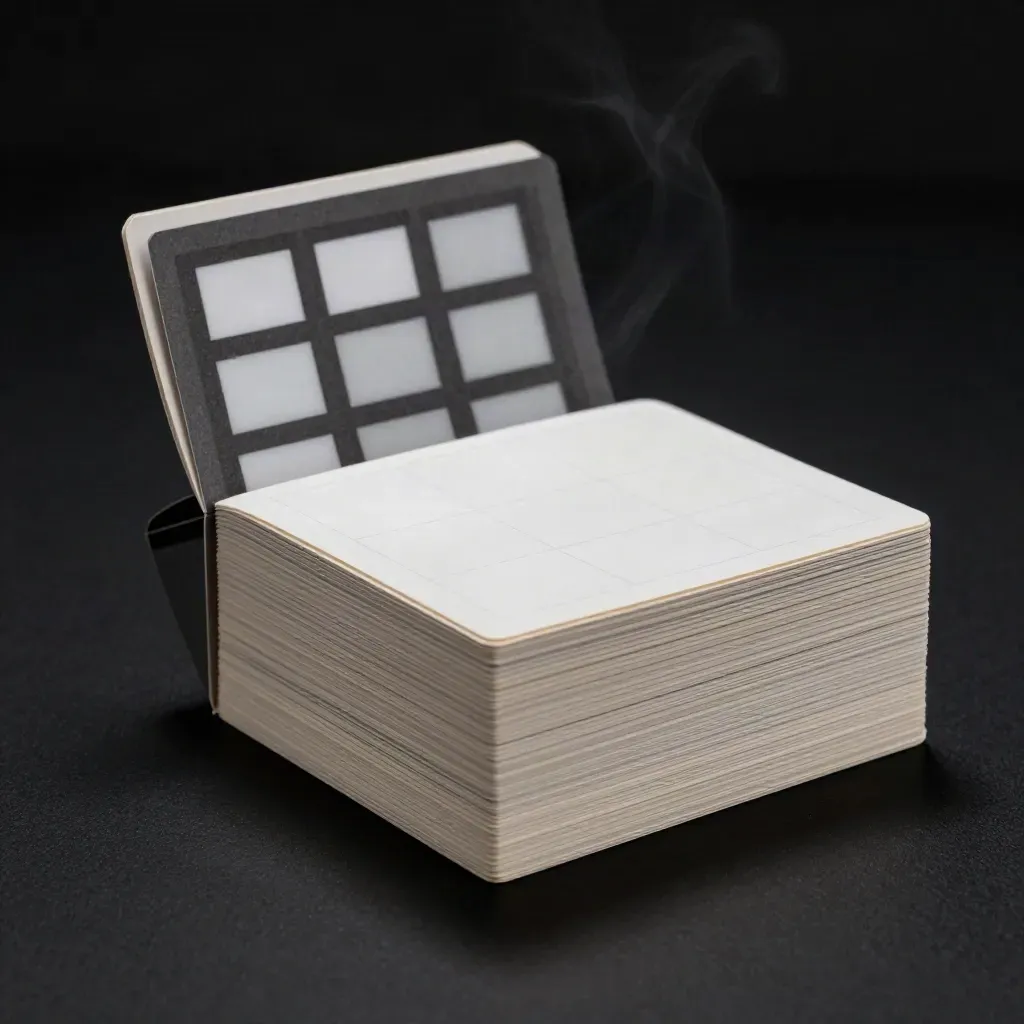Photo settings cheat sheets deck with cards, booklet, and reference chips on a dark studio surface
