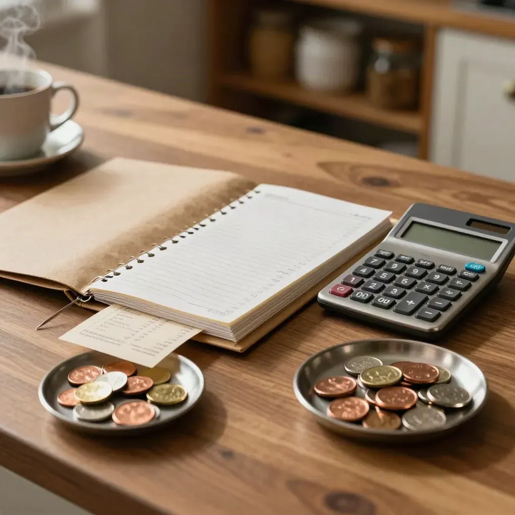 Budget planner folder, calculator and coin tray on a warm kitchen island.