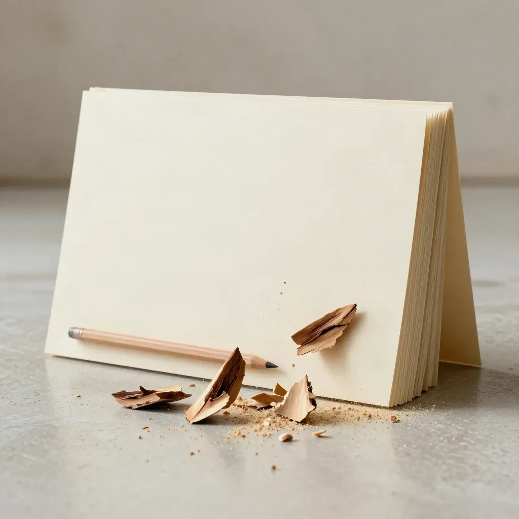 Woodworking cut list pack with walnut offcuts, sawdust and a pencil stub on a pale studio floor