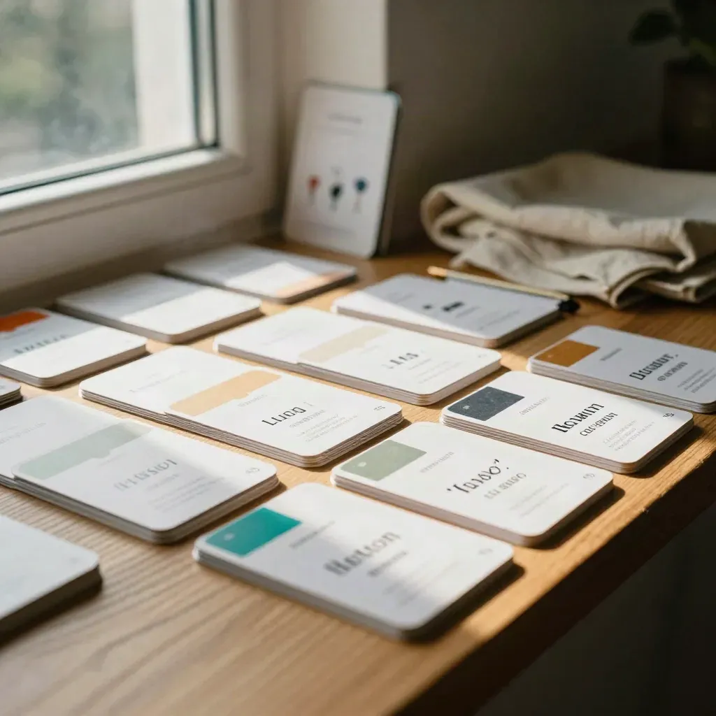 Flashcards, colored tabs, small flag tokens and cloth pouch on a warm oak ledge in soft window light.