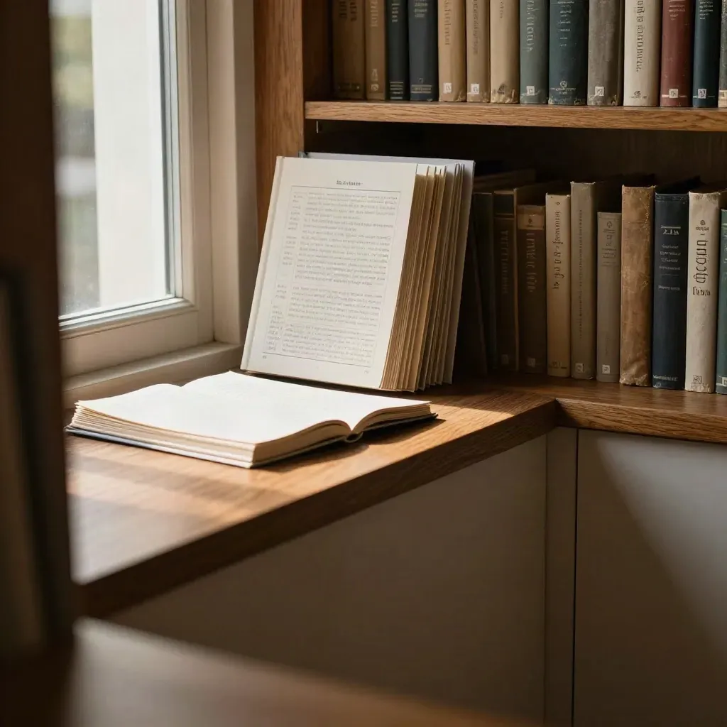 Sunlit oak library ledge with study guide folio, soft books, and calm space for copy
