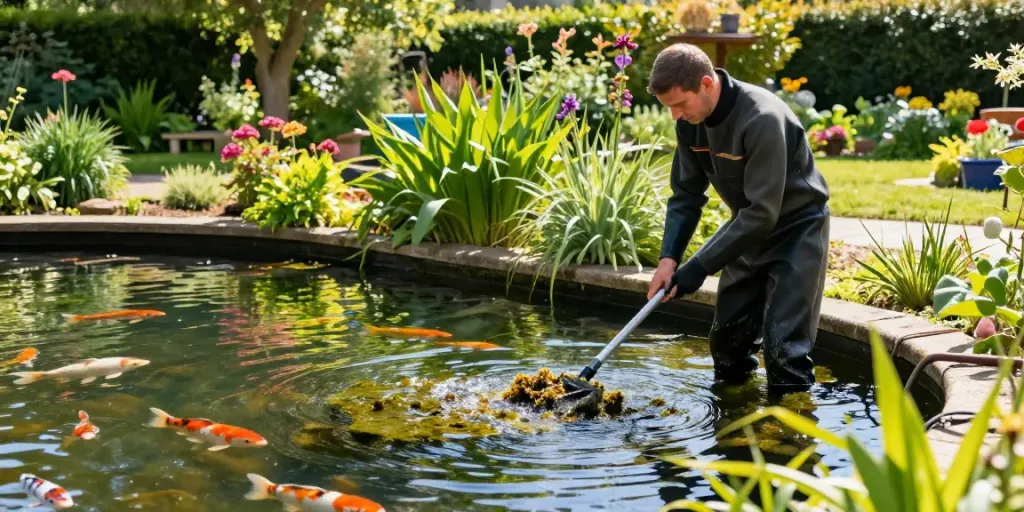 Pond Cleaning Essex service with a professional removing debris from a koi pond in a lush garden.